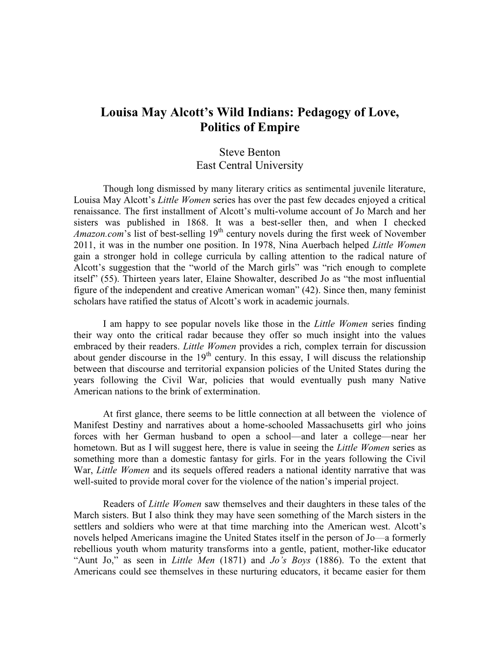 Louisa May Alcott's Wild Indians: Pedagogy of Love, Politics of Empire