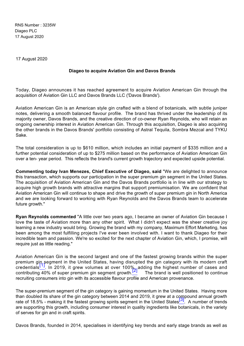 17 August 2020 Diageo to Acquire Aviation Gin and Davos Brands