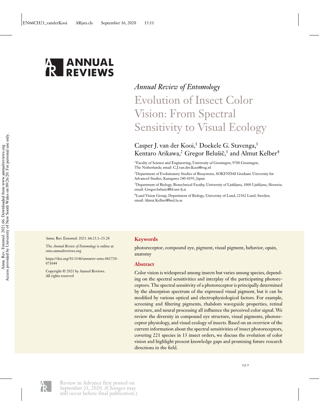 Evolution of Insect Color Vision: from Spectral Sensitivity to Visual Ecology