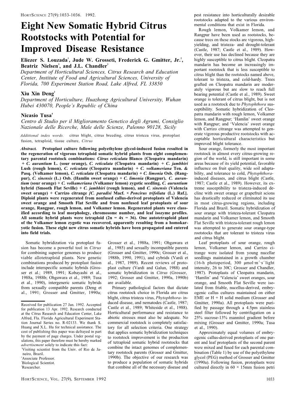 Eight New Somatic Hybrid Citrus Rootstocks with Potential For