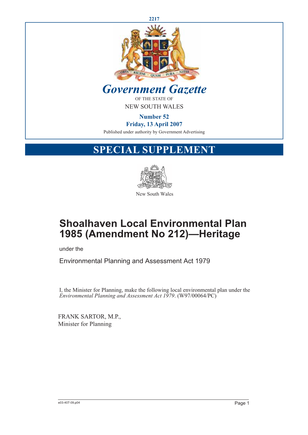 Government Gazette of the STATE of NEW SOUTH WALES Number 52 Friday, 13 April 2007 Published Under Authority by Government Advertising