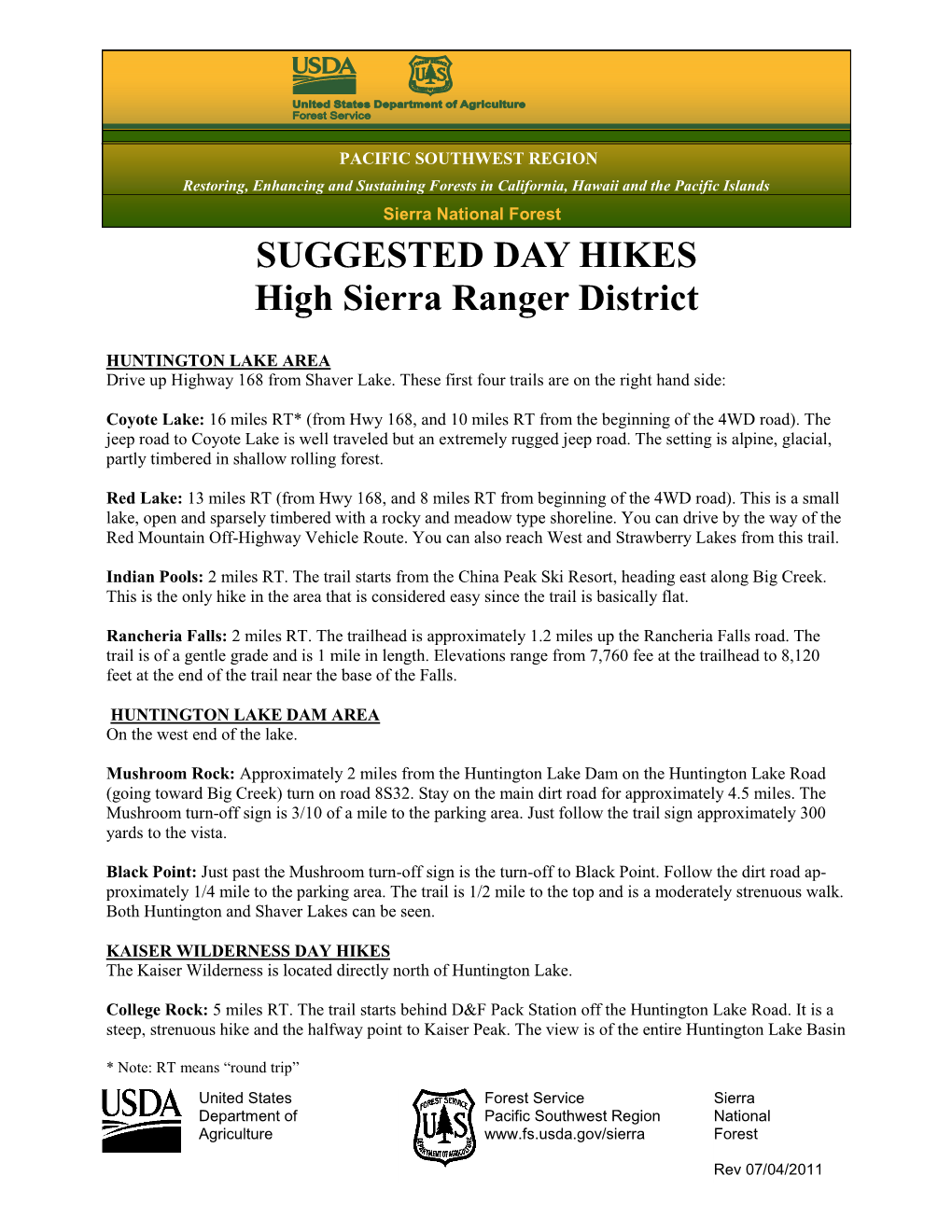 SUGGESTED DAY HIKES High Sierra Ranger District