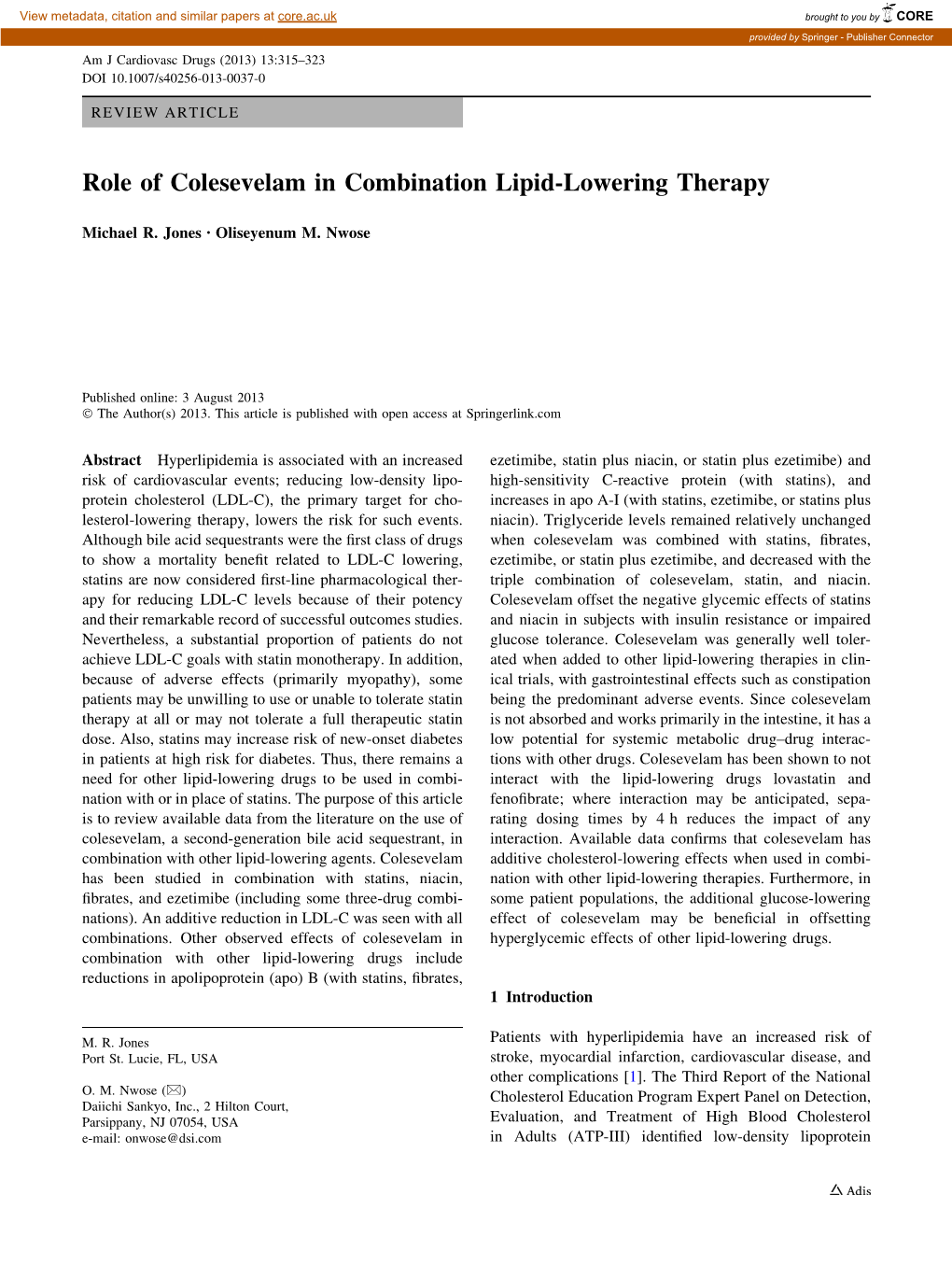 Role of Colesevelam in Combination Lipid-Lowering Therapy