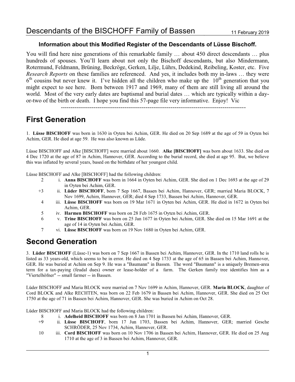 Descendants of the BISCHOFF Family of Bassen First Generation Second