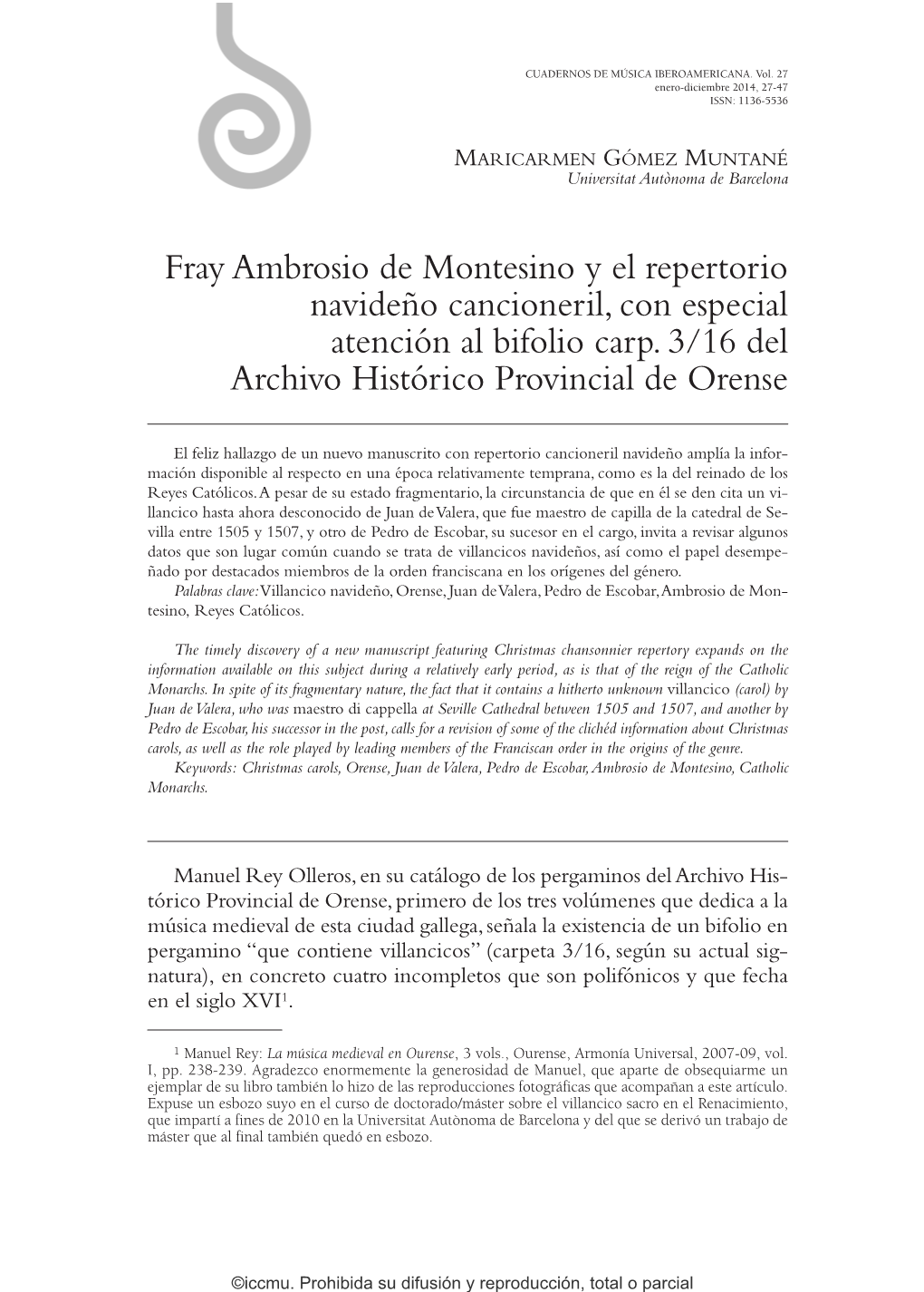 Fray Ambrosio De Montesino Y El Repertorio Navideño Cancioneril, Con Especial Atención Al Bifolio Carp