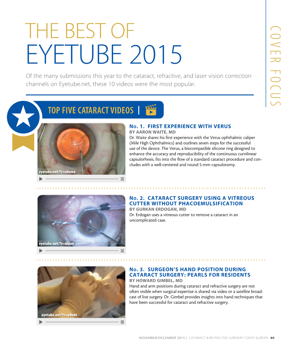 EYETUBE 2015 of the Many Submissions This Year to the Cataract, Refractive, and Laser Vision Correction Channels on Eyetube.Net, These 10 Videos Were the Most Popular