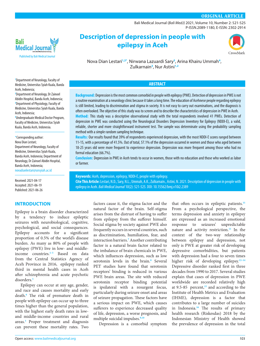 Description of Depression in People with Epilepsy in Aceh