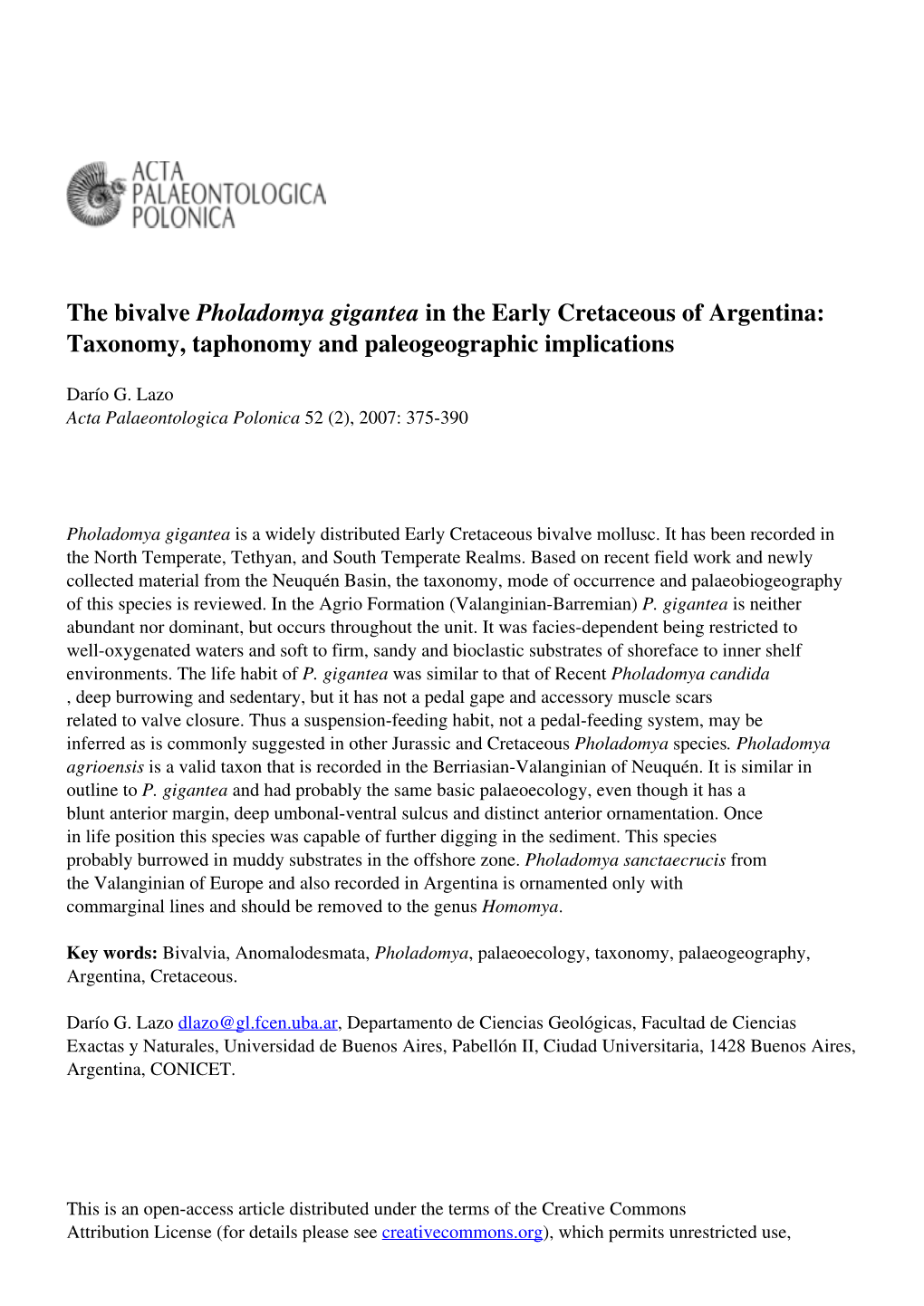 The Bivalve Pholadomya Gigantea in the Early Cretaceous of Argentina: Taxonomy, Taphonomy and Paleogeographic Implications