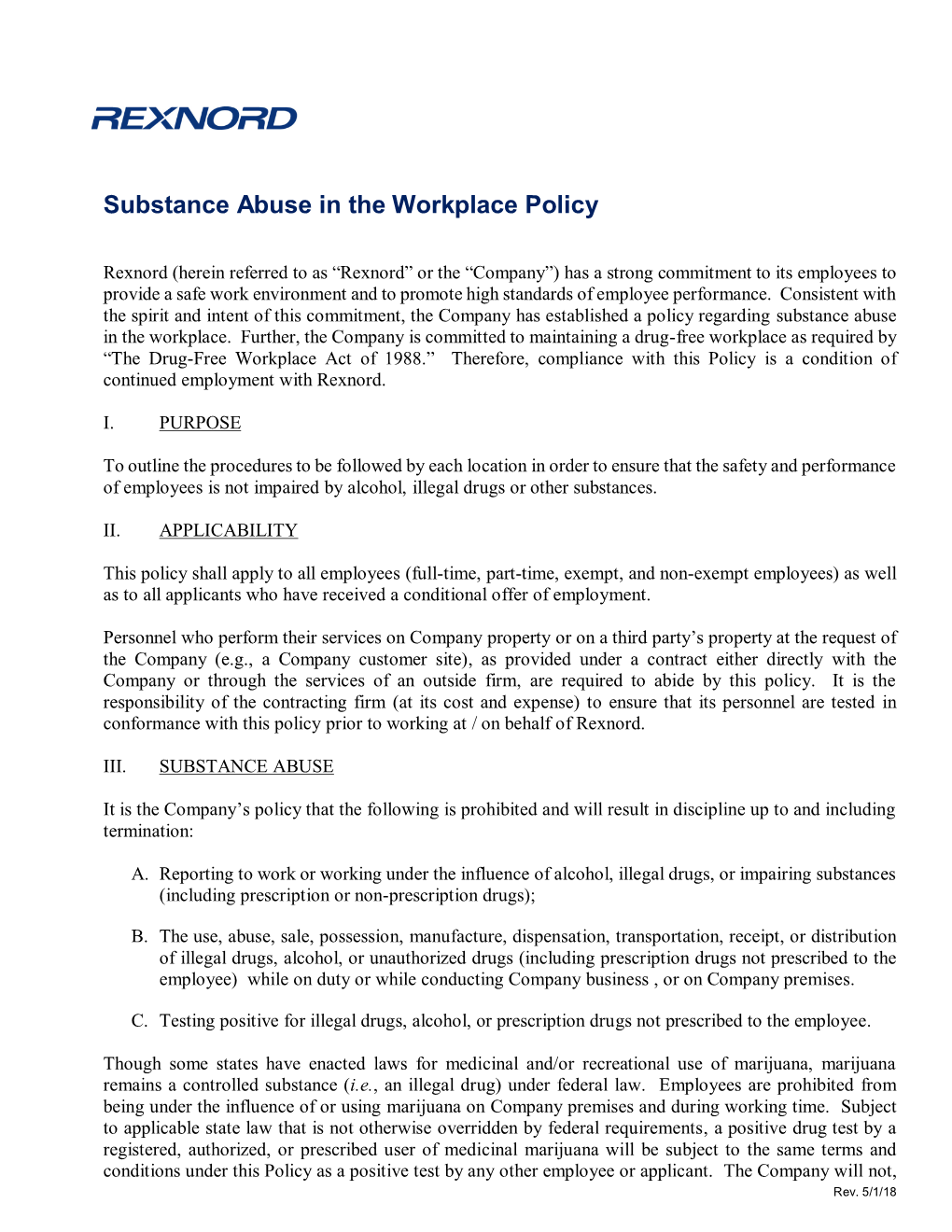 Substance Abuse in the Workplace Policy