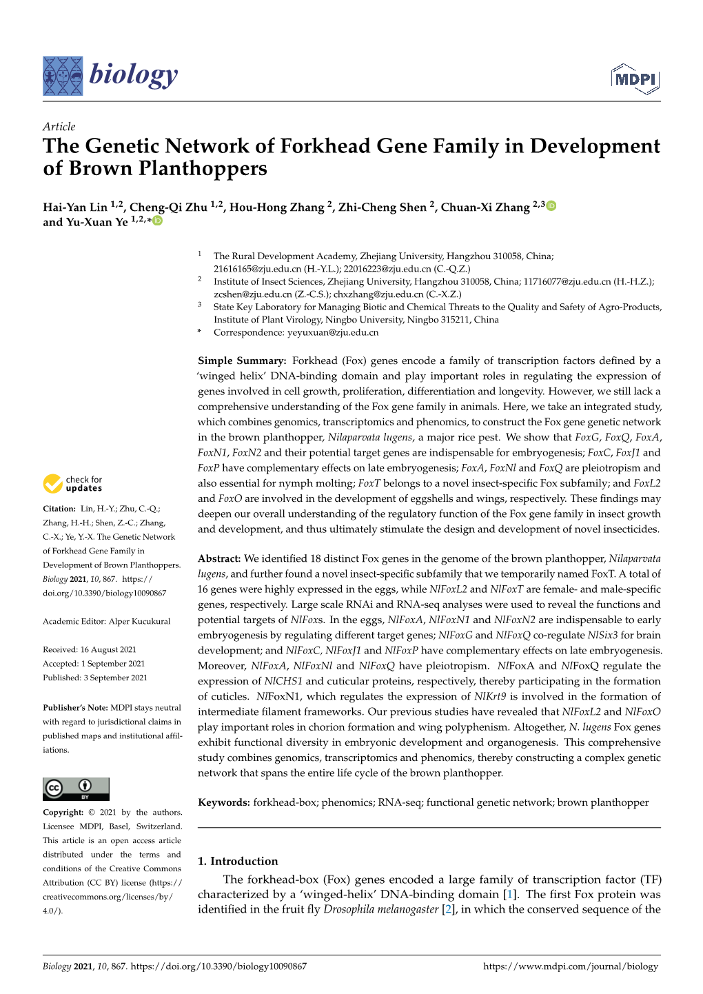 The Genetic Network of Forkhead Gene Family in Development of Brown Planthoppers