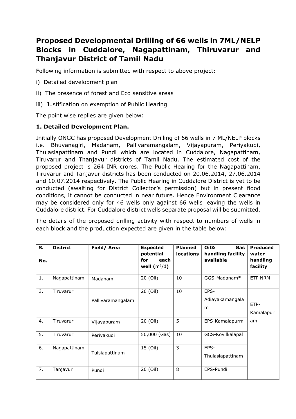 Proposed Developmental Drilling of 66 Wells in 7ML/NELP Blocks in Cuddalore, Nagapattinam, Thiruvarur and Thanjavur District of Tamil Nadu