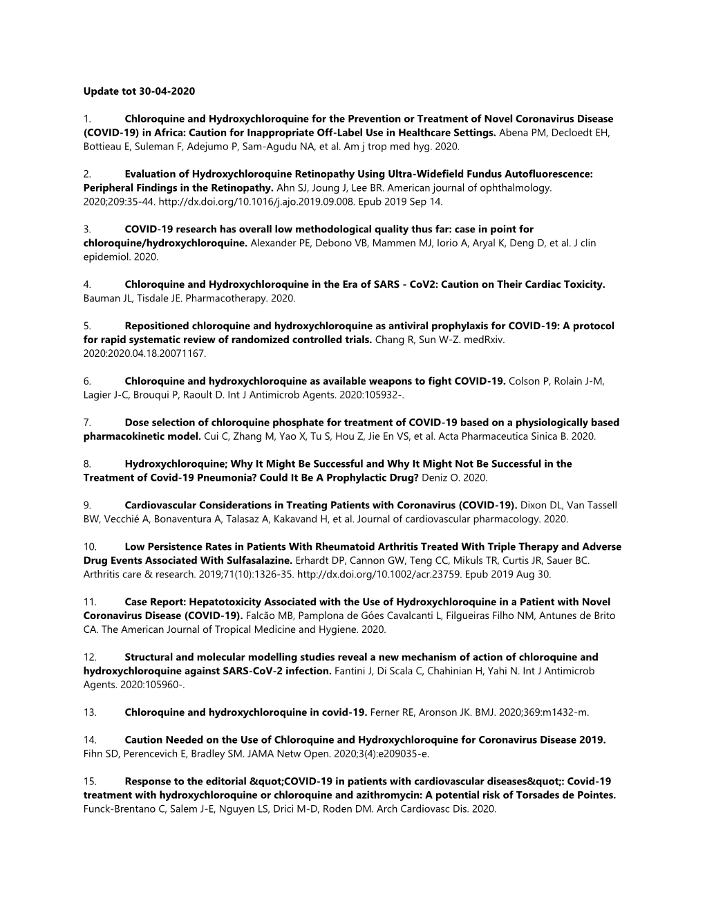 Update Tot 30-04-2020 1. Chloroquine and Hydroxychloroquine for The