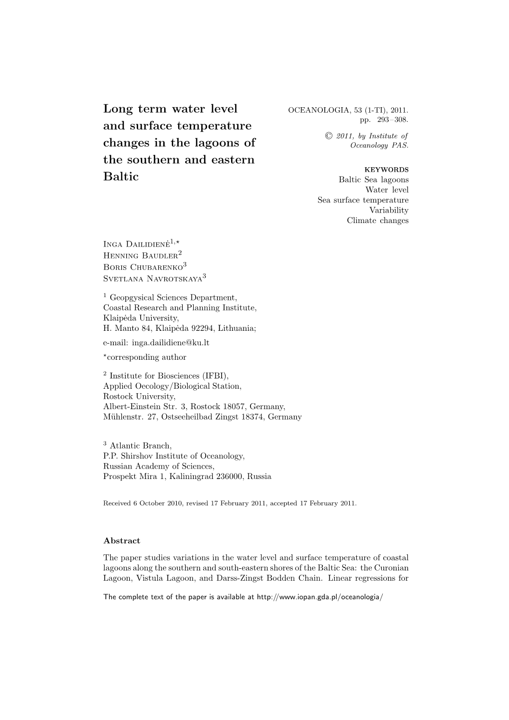 Long Term Water Level and Surface Temperature Changes in the Lagoons