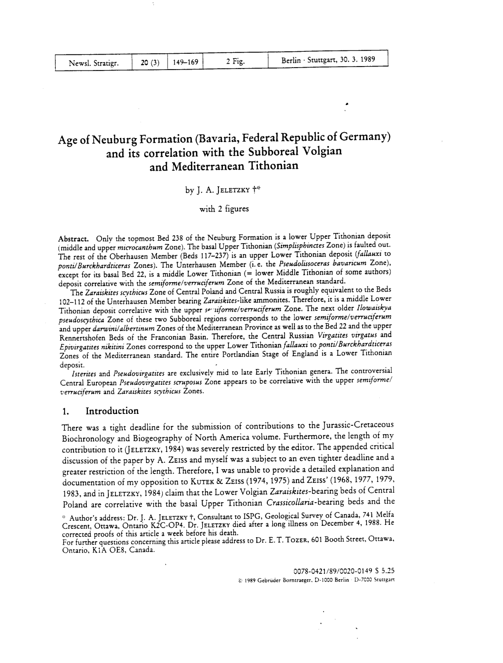 Age of Neuburg Formation (Bavaria, Federal Republic of Germany) and Its Correlation with the Subboreal Volgian and Mediterranean Tithonian