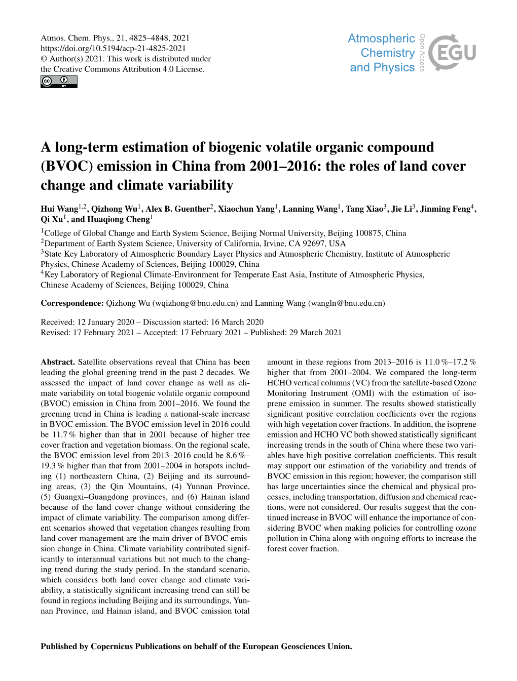 BVOC) Emission in China from 2001–2016: the Roles of Land Cover Change and Climate Variability