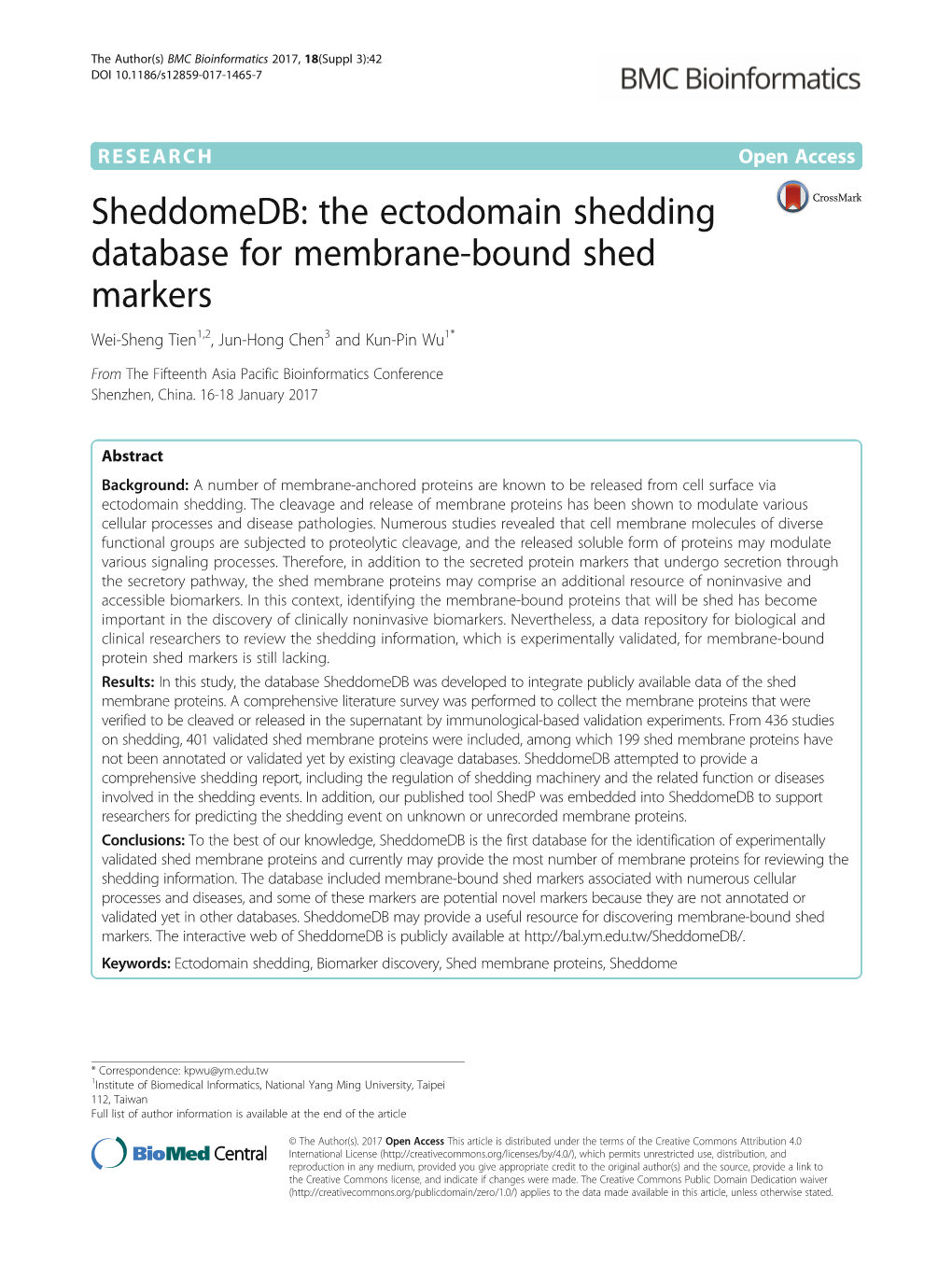 The Ectodomain Shedding Database for Membrane-Bound Shed Markers Wei-Sheng Tien1,2, Jun-Hong Chen3 and Kun-Pin Wu1*