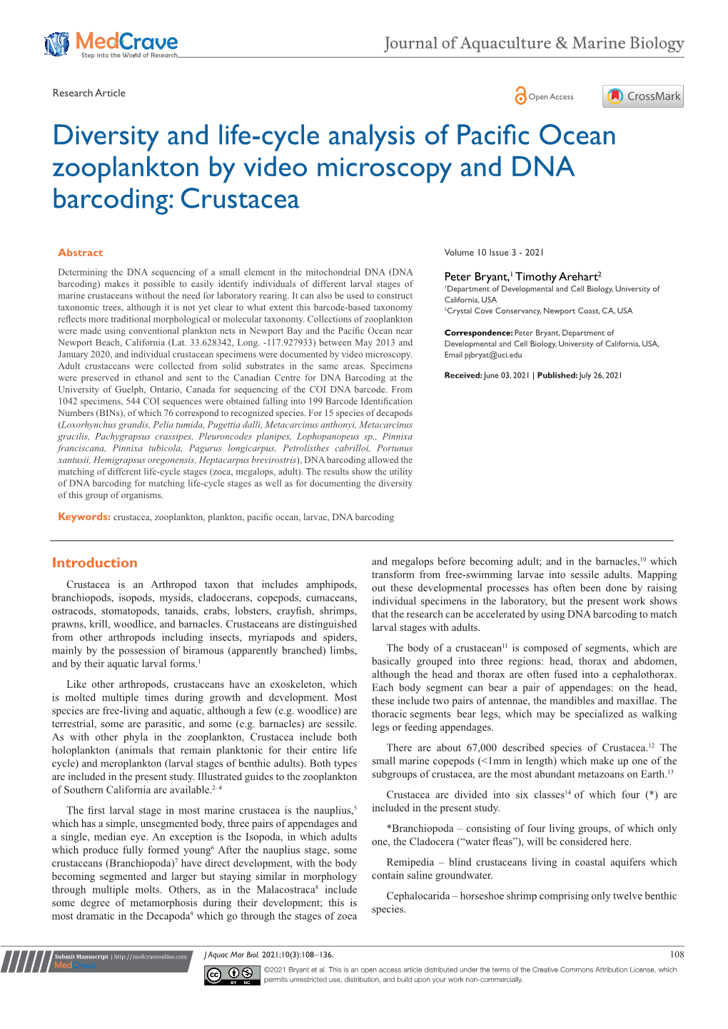 Diversity and Life-Cycle Analysis of Pacific Ocean Zooplankton by Video Microscopy and DNA Barcoding: Crustacea