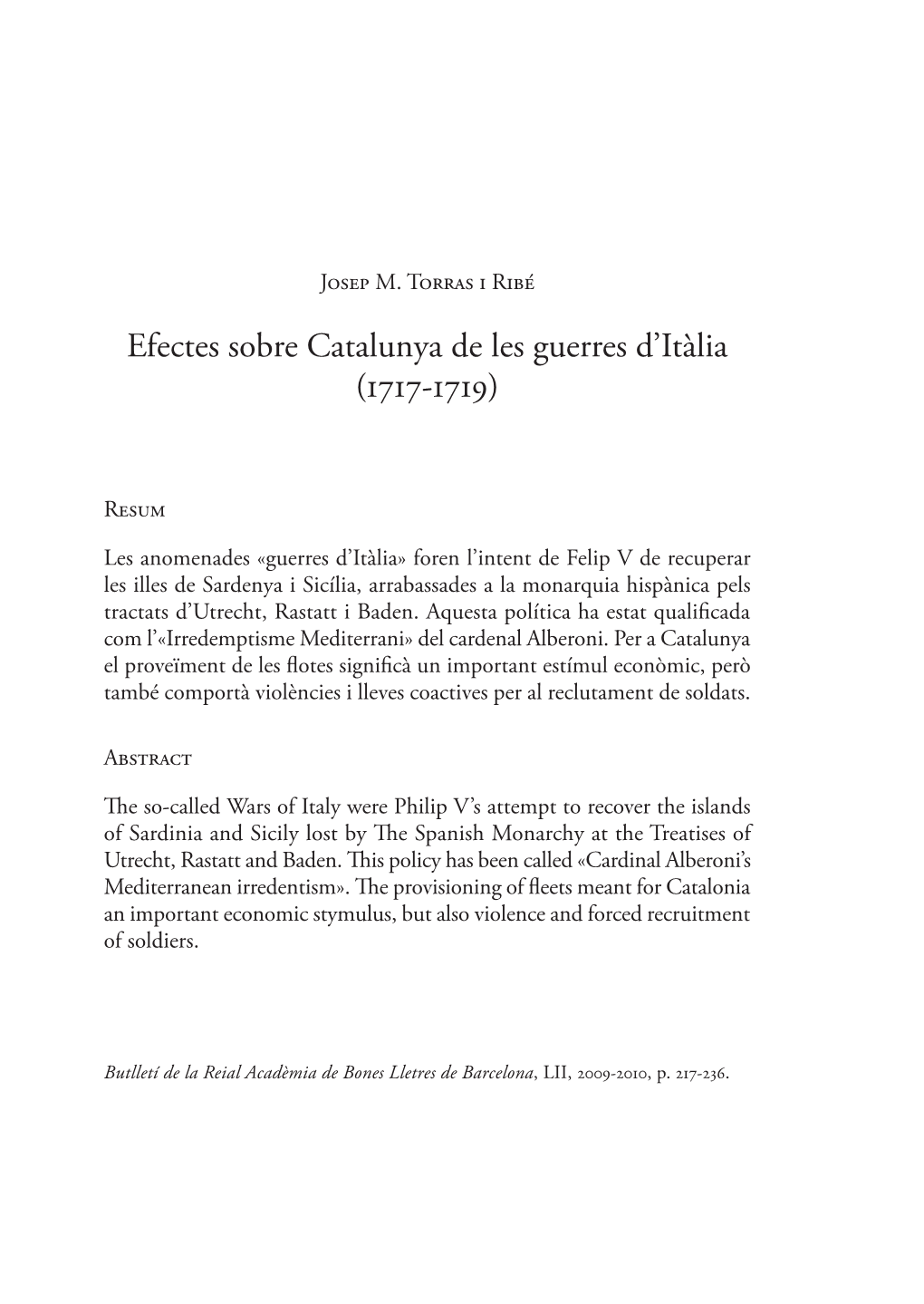 Efectes Sobre Catalunya De Les Guerres D'itàlia (1717-1719)