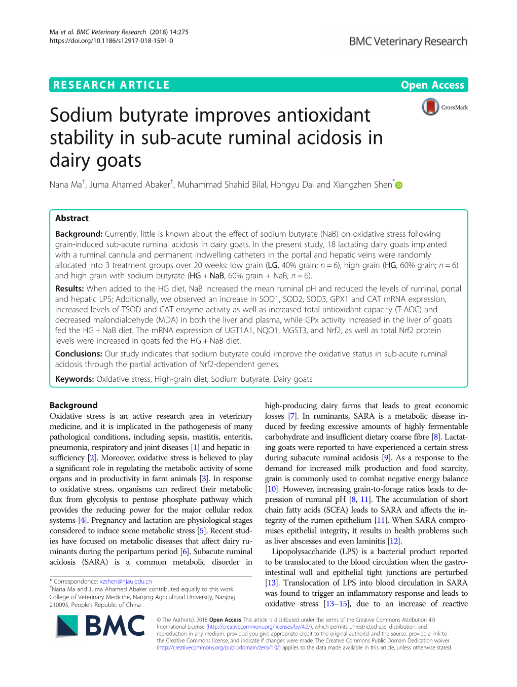 Sodium Butyrate Improves Antioxidant Stability in Sub-Acute Ruminal