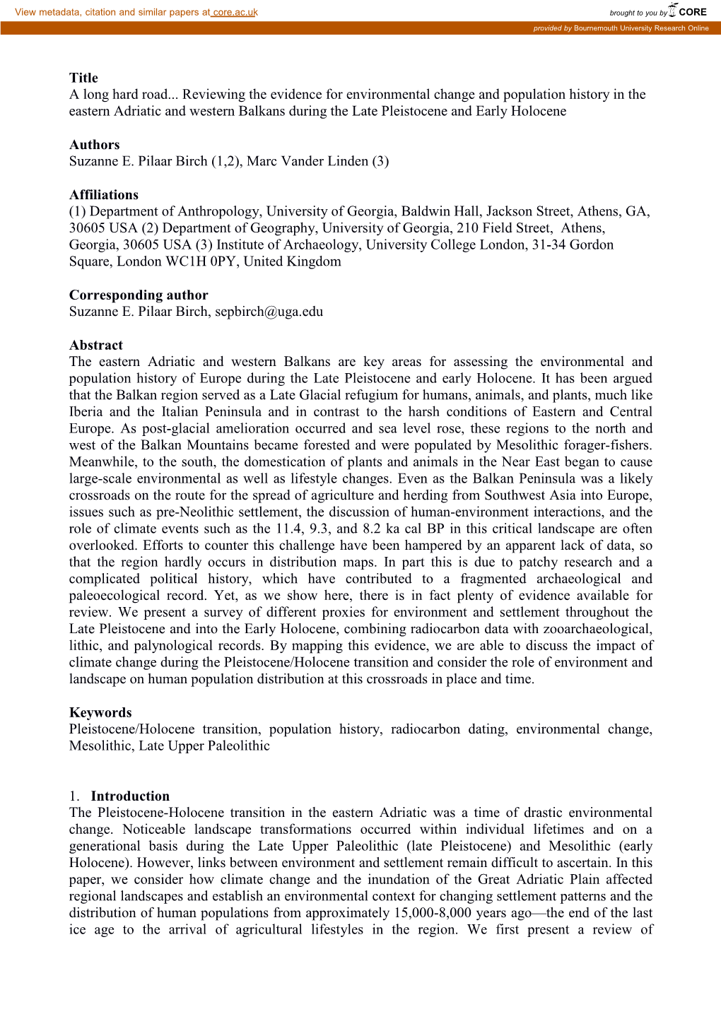 Title a Long Hard Road... Reviewing the Evidence for Environmental Change and Population History in the Eastern Adriatic And