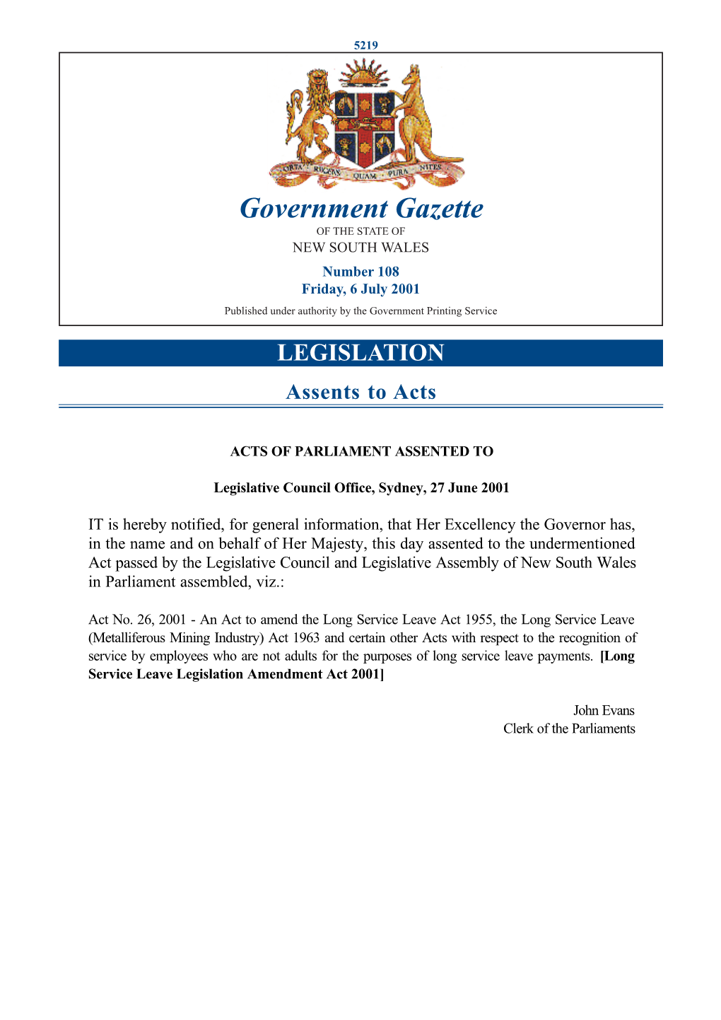 Government Gazette of the STATE of NEW SOUTH WALES Number 108 Friday, 6 July 2001 Published Under Authority by the Government Printing Service