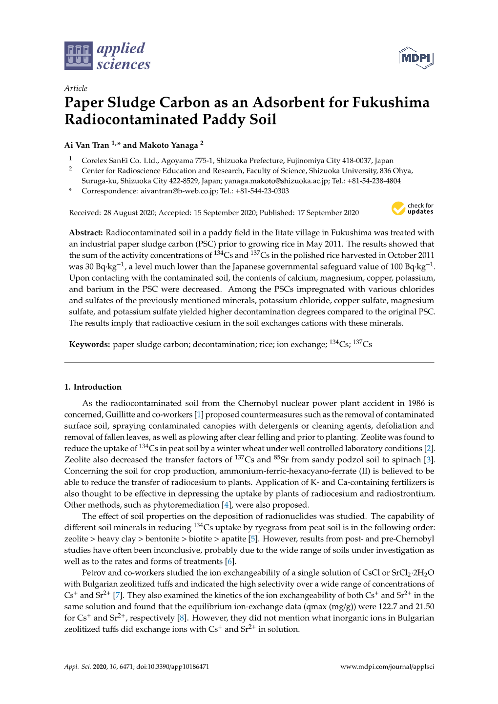 Paper Sludge Carbon As an Adsorbent for Fukushima Radiocontaminated Paddy Soil