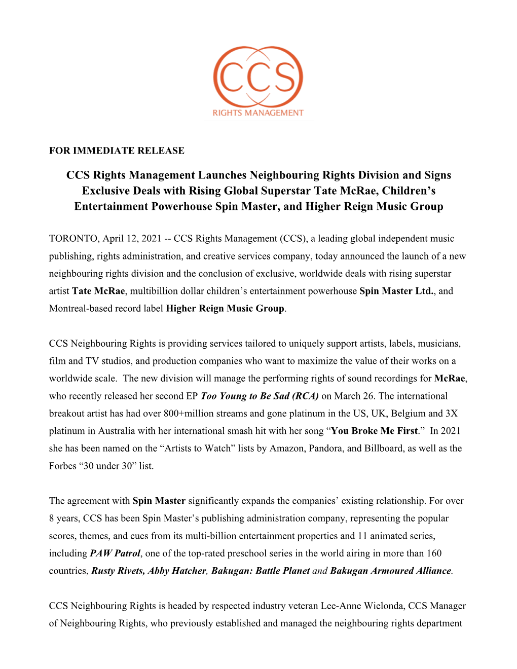 CCS Rights Management Launches Neighbouring Rights Division And