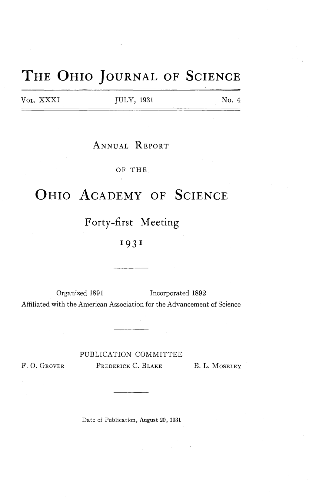 Annual Report of the Ohio Academy of Science Forty-First Meeting 1931