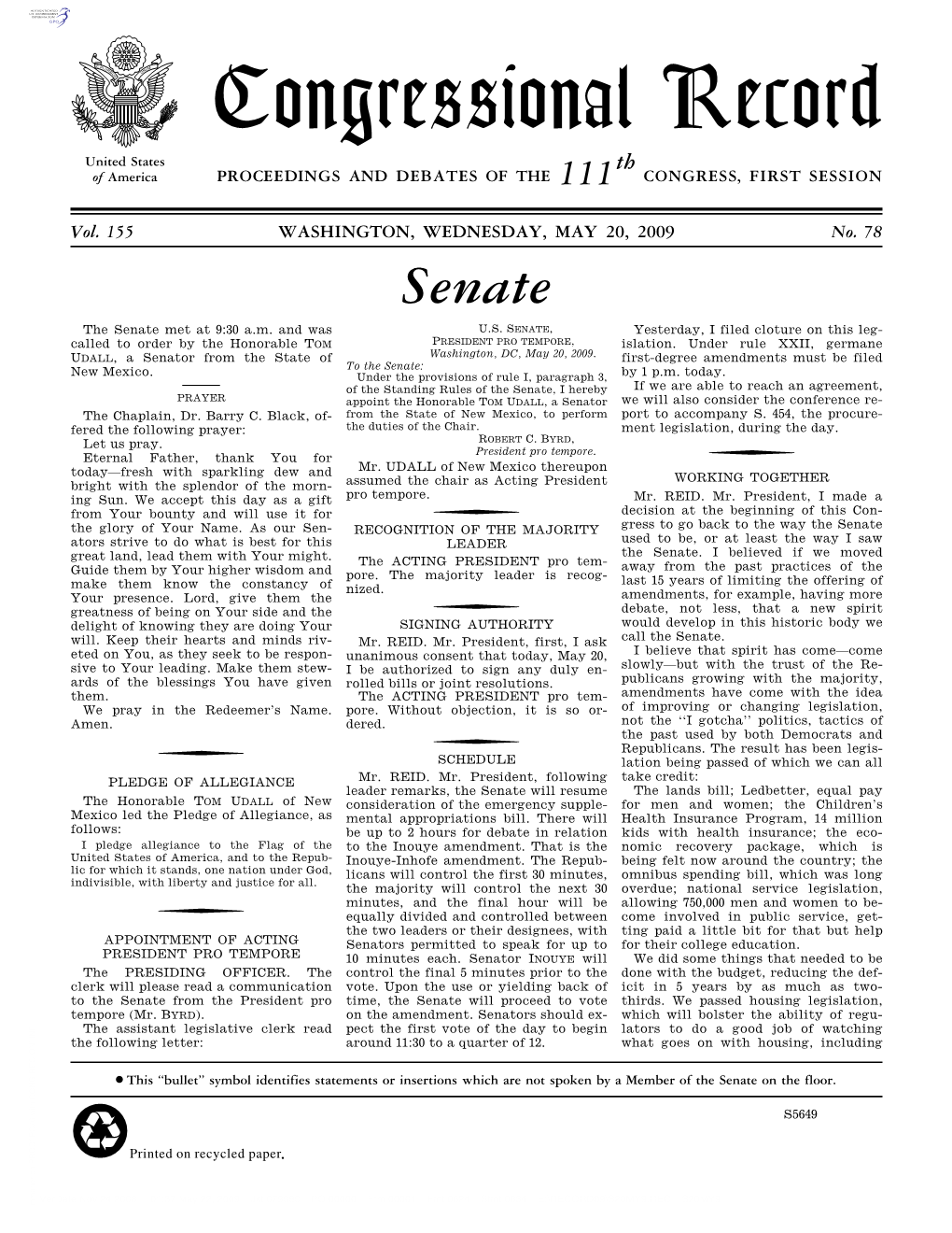 Congressional Record United States Th of America PROCEEDINGS and DEBATES of the 111 CONGRESS, FIRST SESSION