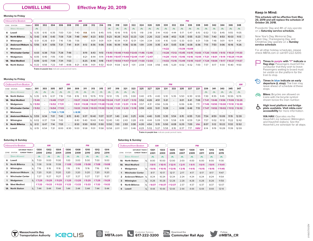 Lowell Line Schedule (Effective May 20, 2019)