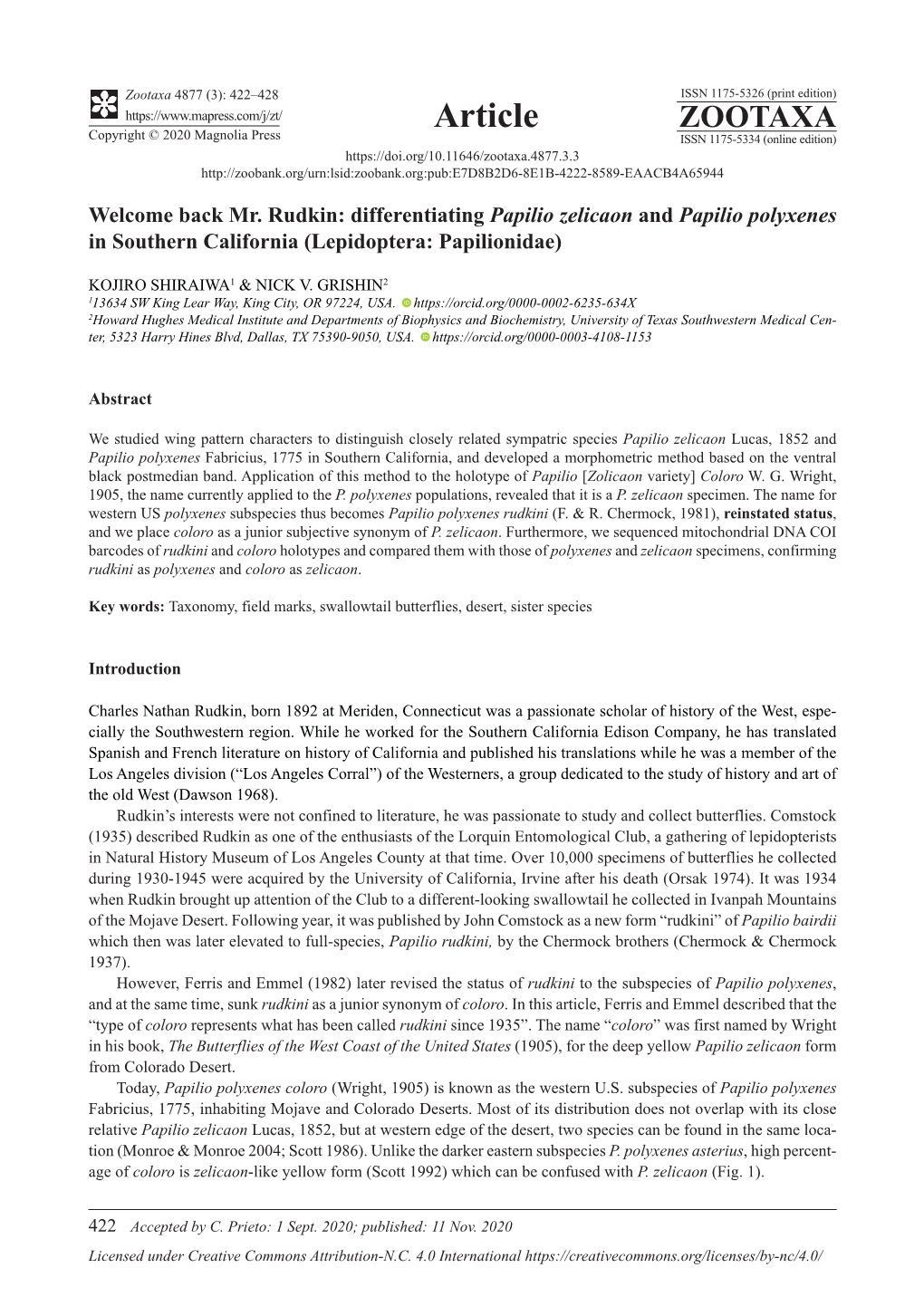 Back Mr. Rudkin: Differentiating Papilio Zelicaon and Papilio Polyxenes in Southern California (Lepidoptera: Papilionidae)