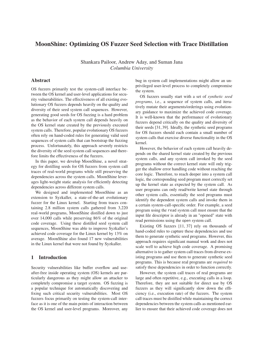 Moonshine: Optimizing OS Fuzzer Seed Selection with Trace Distillation