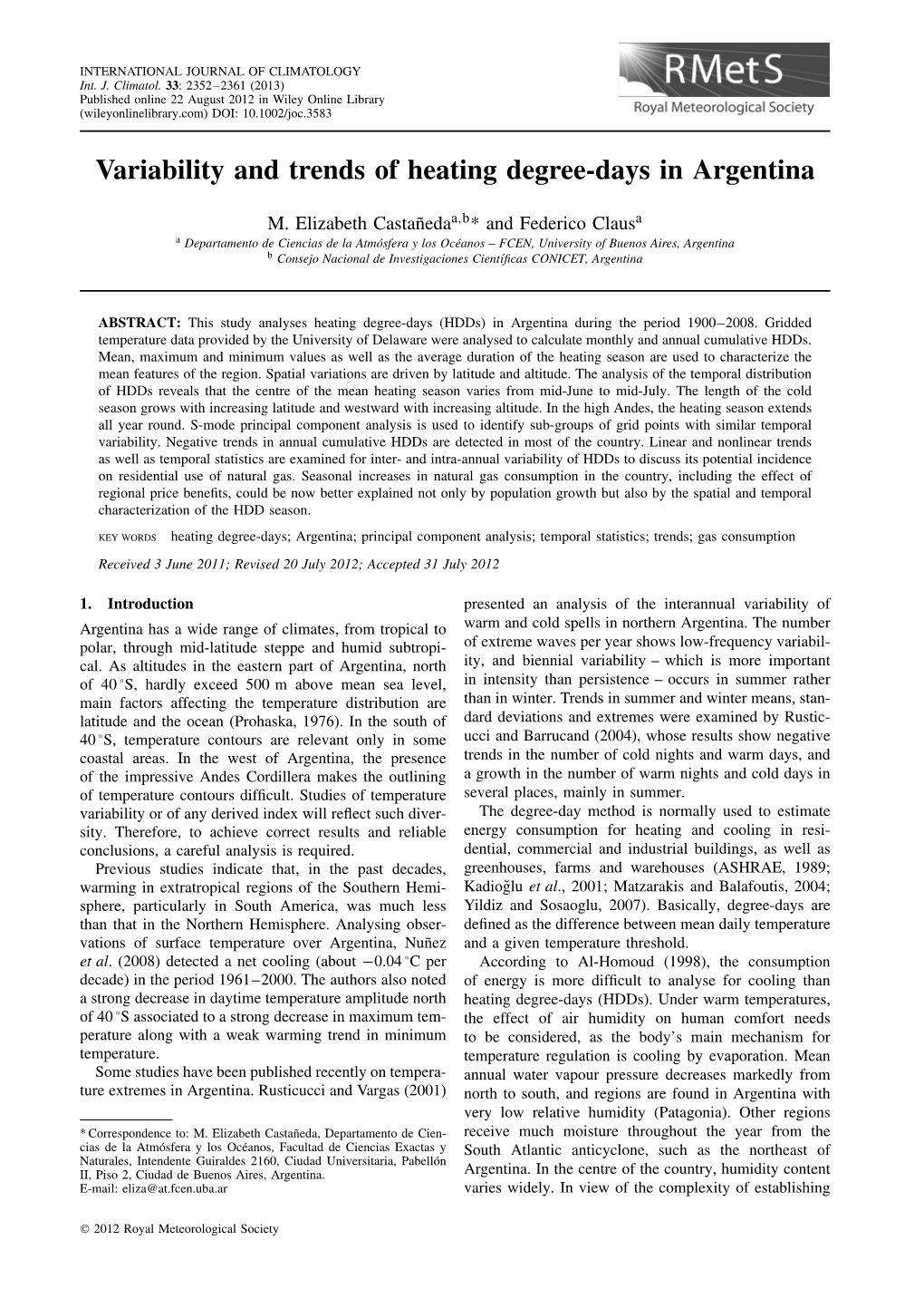 Variability and Trends of Heating Degree‐Days in Argentina