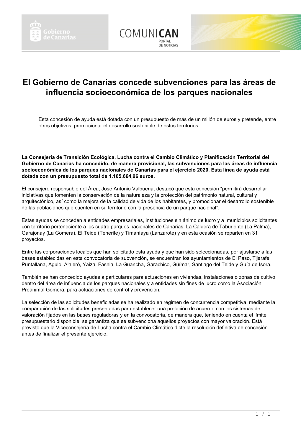 El Gobierno De Canarias Concede Subvenciones Para Las Áreas De Influencia Socioeconómica De Los Parques Nacionales