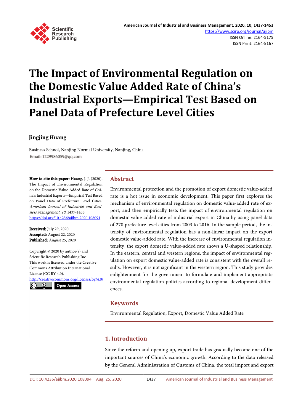 The Impact of Environmental Regulation on the Domestic Value Added Rate of China’S Industrial Exports—Empirical Test Based on Panel Data of Prefecture Level Cities