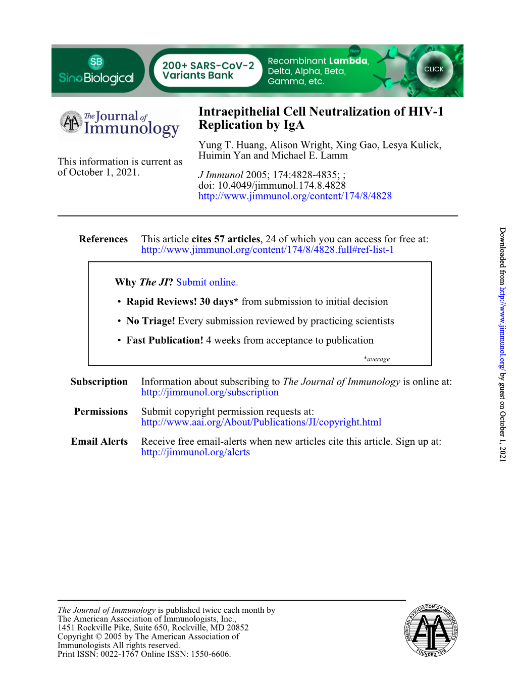 Replication by Iga Intraepithelial Cell Neutralization of HIV-1