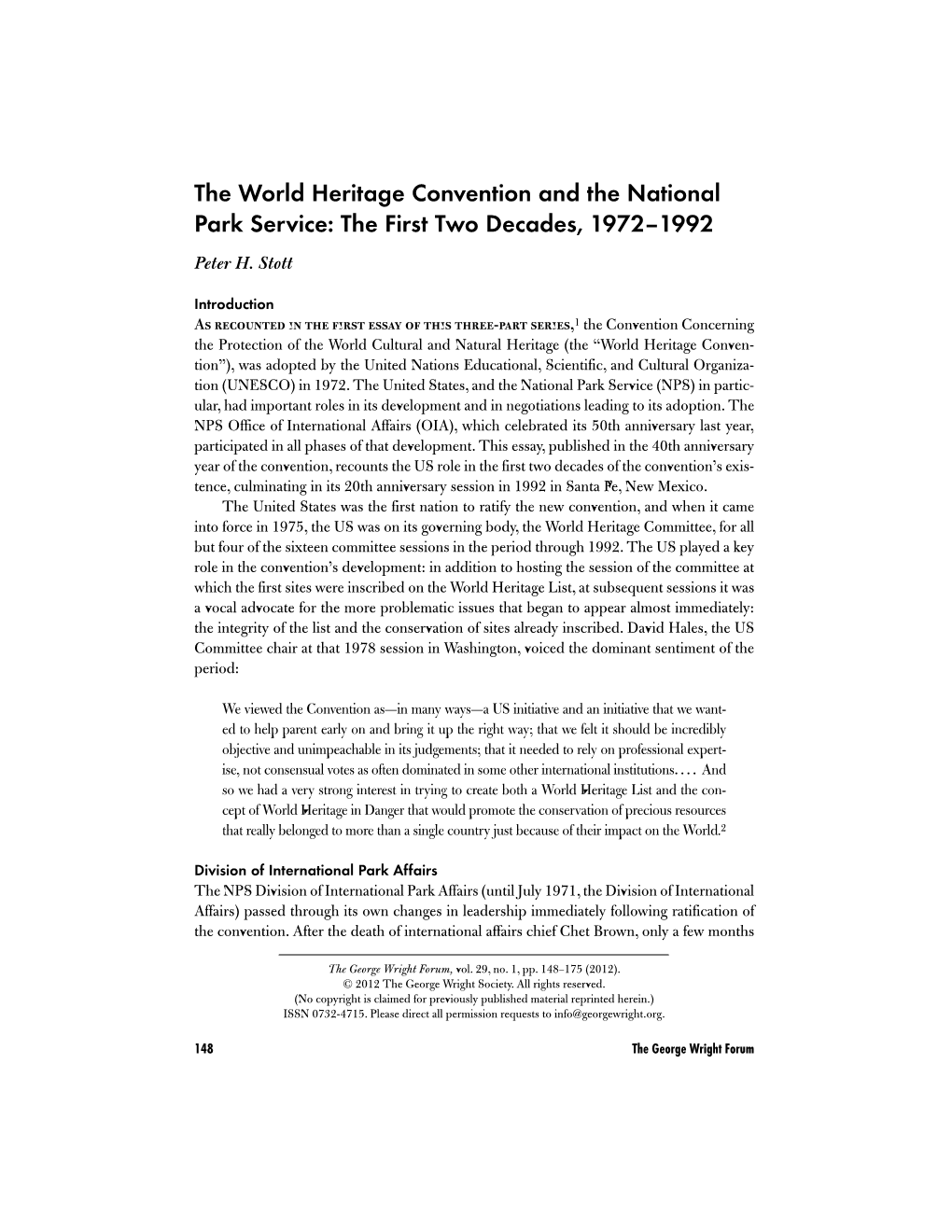 The World Heritage Convention and the National Park Service: the First Two Decades, 1972–1992 Peter H