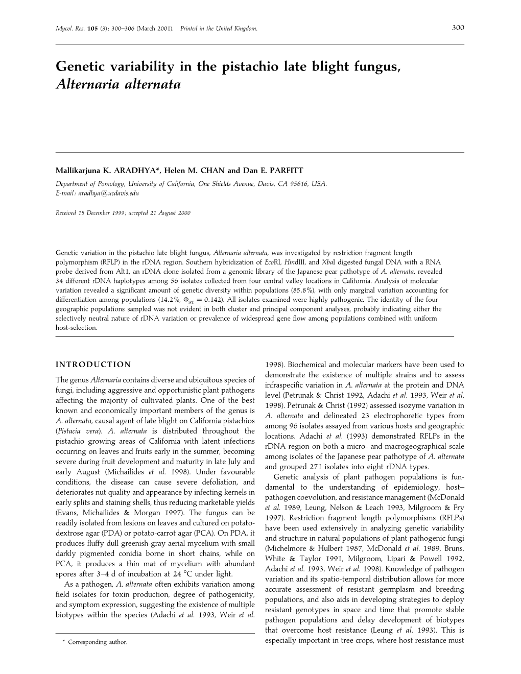 Genetic Variability in the Pistachio Late Blight Fungus, Alternaria Alternata