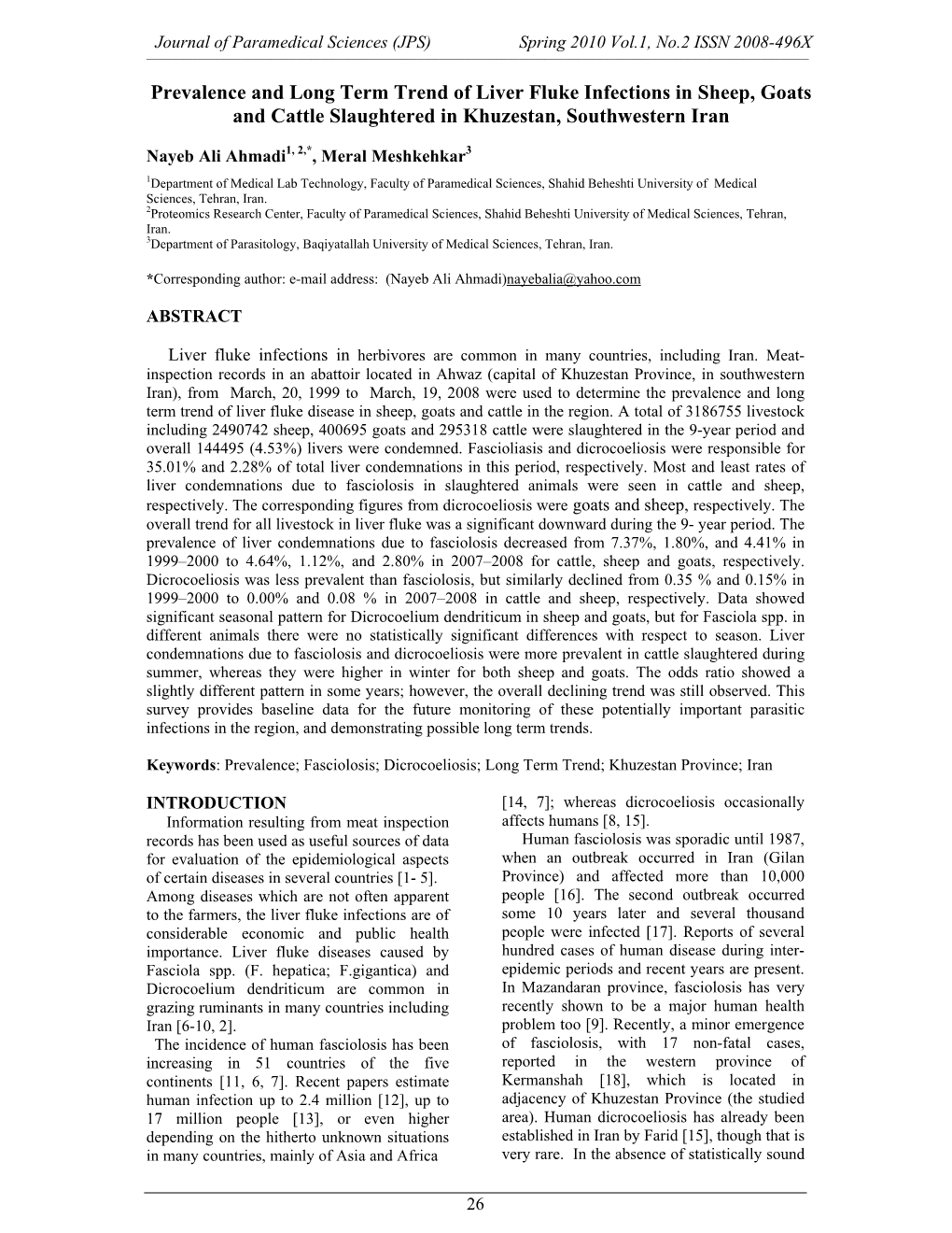 Prevalence and Long Term Trend of Liver Fluke Infections in Sheep, Goats and Cattle Slaughtered in Khuzestan, Southwestern Iran