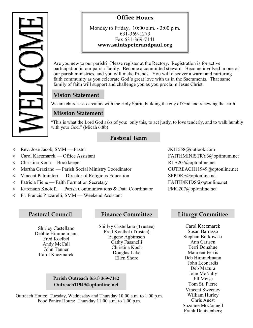 Pastoral Team Pastoral Council Office Hours Vision Statement Mission