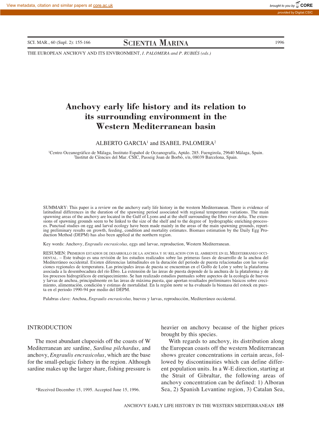 Anchovy Early Life History and Its Relation to Its Surrounding Environment in the Western Mediterranean Basin