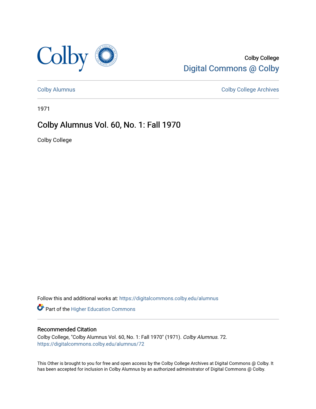 Colby Alumnus Vol. 60, No. 1: Fall 1970