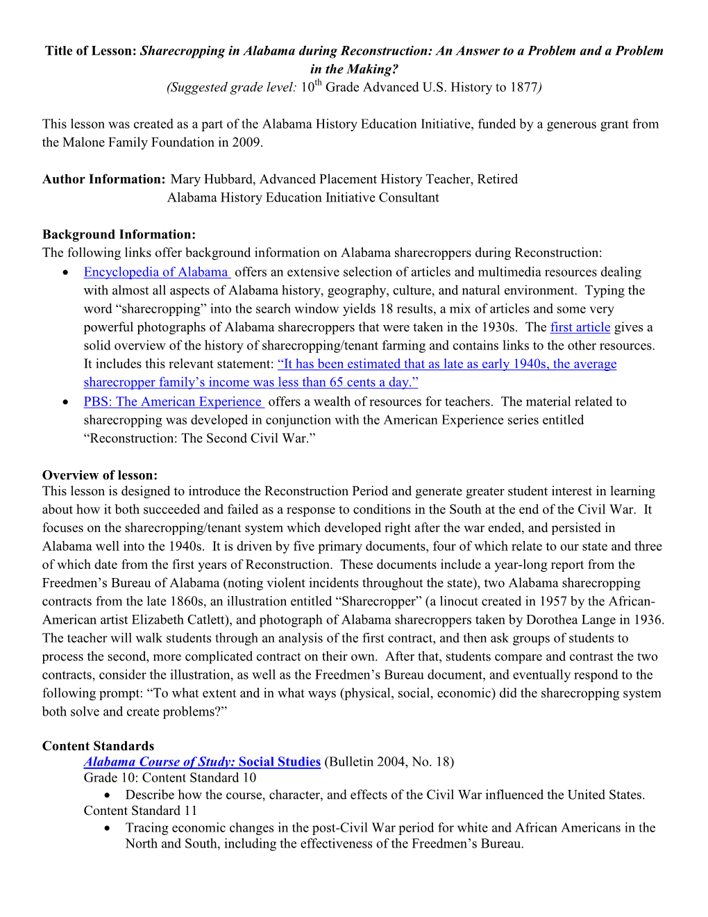 Sharecropping in Alabama During Reconstruction: an Answer to a Problem and a Problem in the Making? (Suggested Grade Level: 10Th Grade Advanced U.S