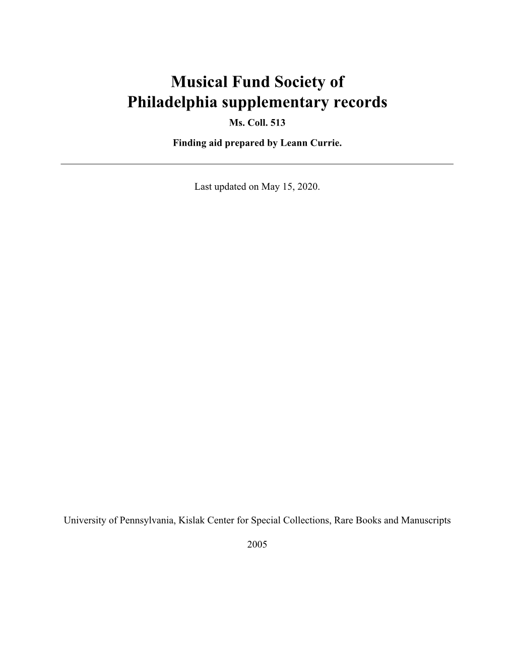 Musical Fund Society of Philadelphia Supplementary Records Ms