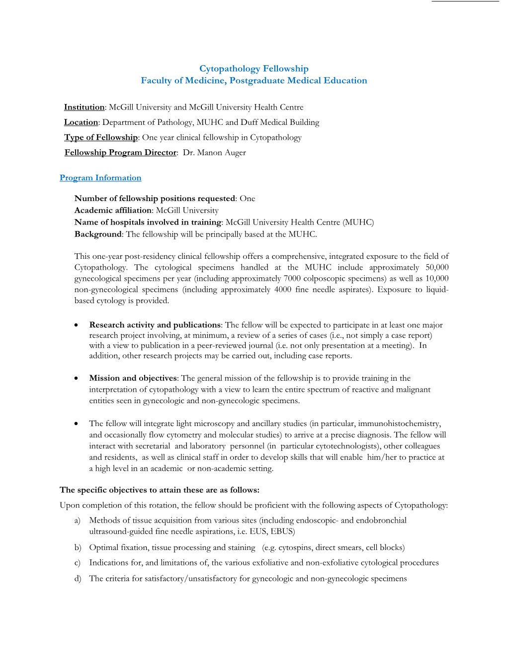 Cytopathology Fellowship Faculty of Medicine, Postgraduate Medical Education