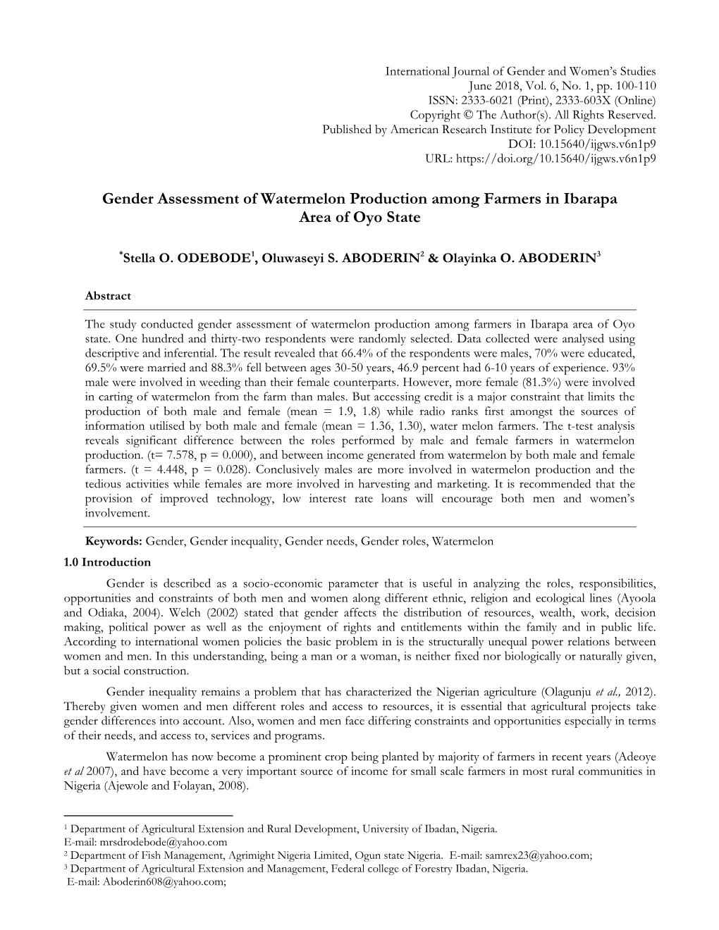 Gender Assessment of Watermelon Production Among Farmers in Ibarapa Area of Oyo State