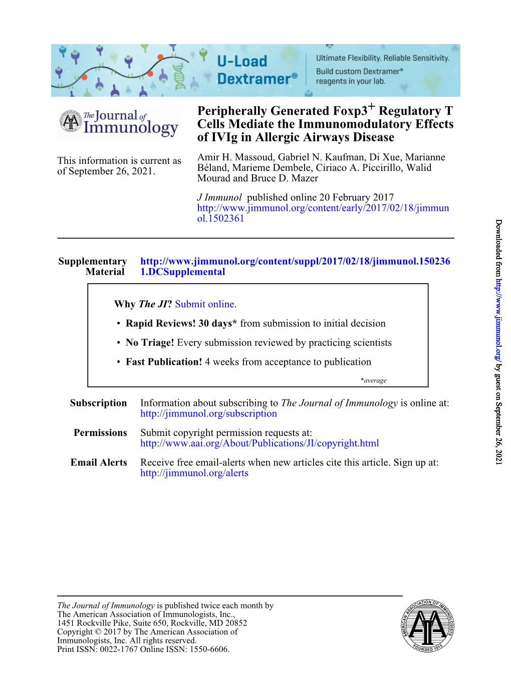 Peripherally Generated Foxp3+ Regulatory T Cells Mediate the Immunomodulatory Effects of Ivig in Allergic Airways Disease