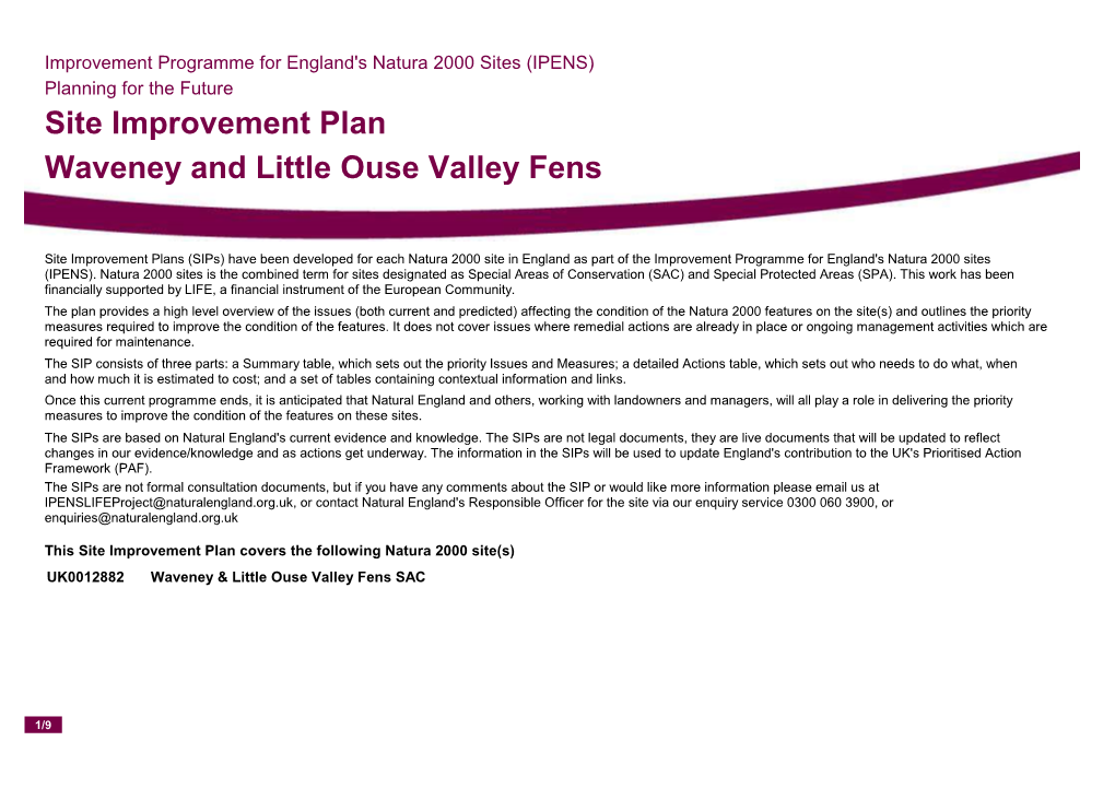 Site Improvement Plan Waveney and Little Ouse Valley Fens