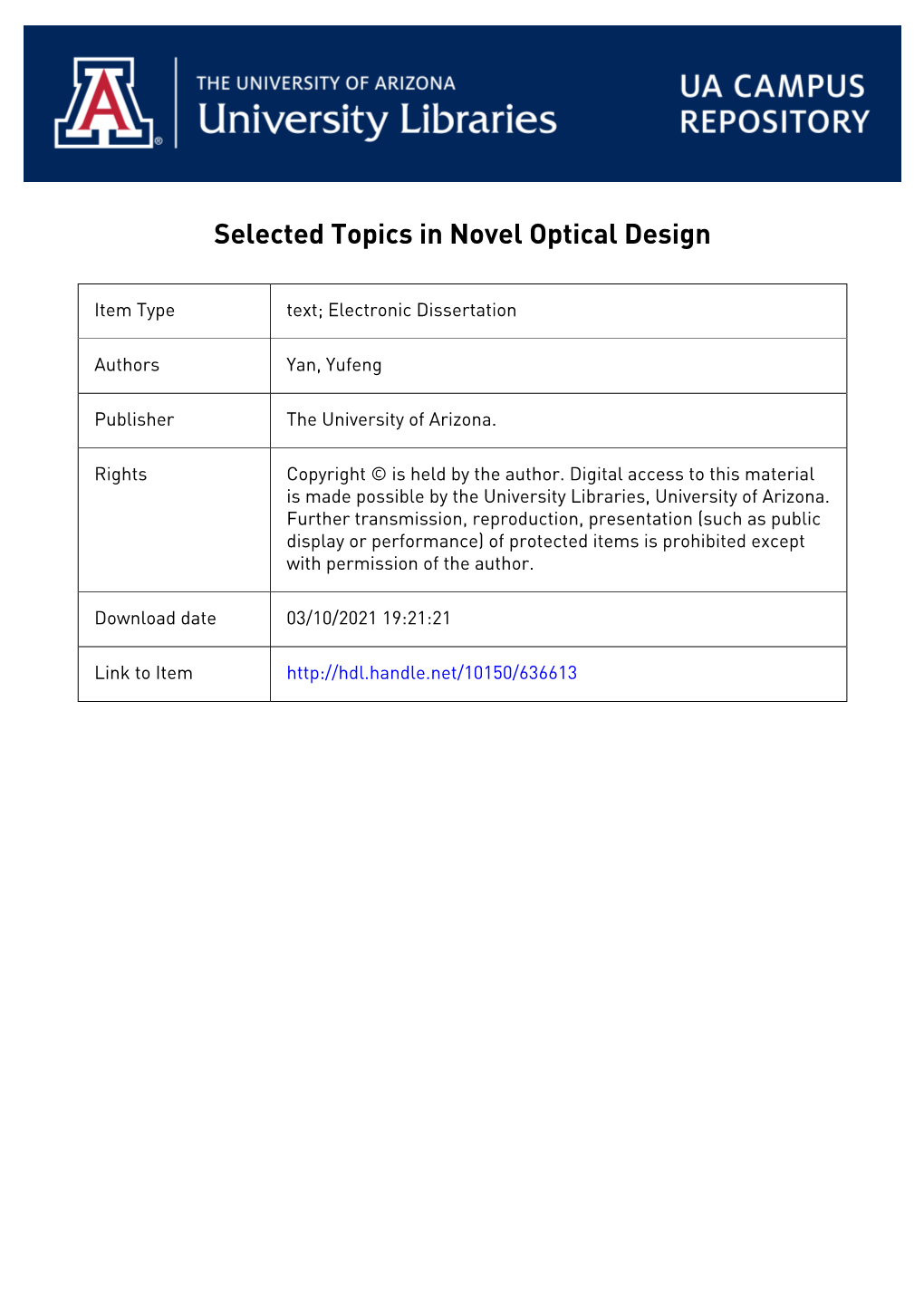 SELECTED TOPICS in NOVEL OPTICAL DESIGN by Yufeng