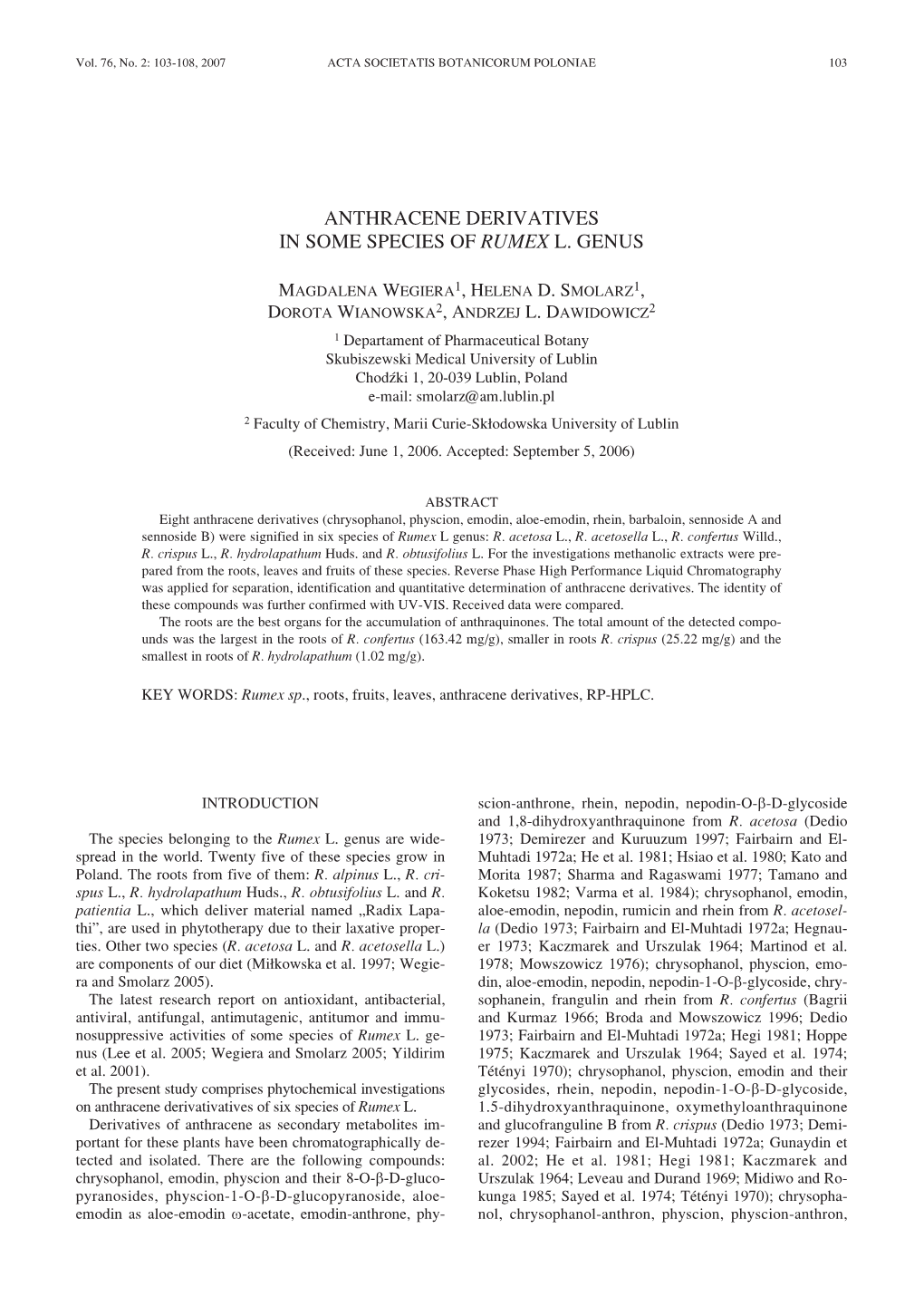 Anthracene Derivatives in Some Species of Rumex L